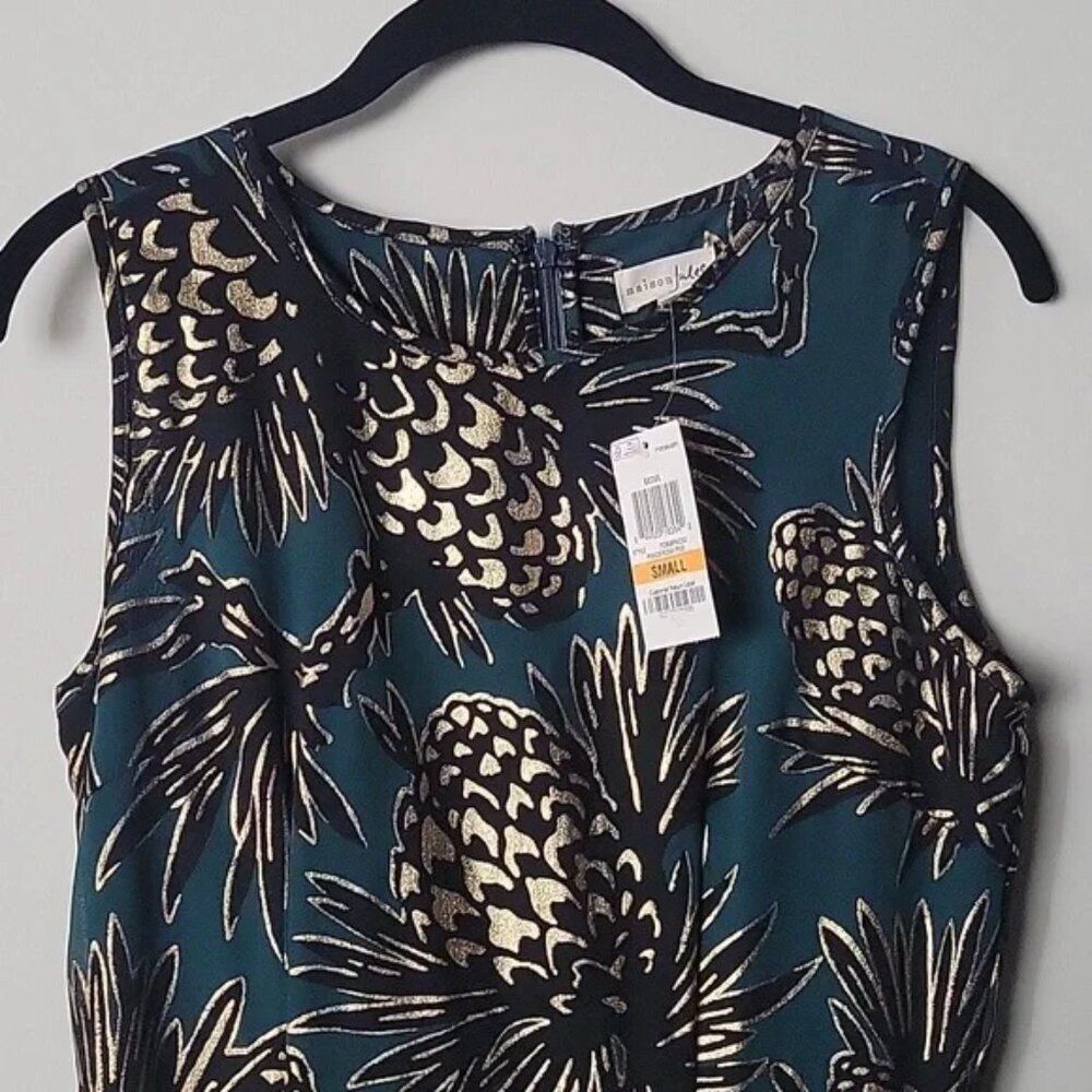 NWT Maison Jules Fit Flare S Dress Gold Pineapple Print Green Teal Retro Girly - Picture 4 of 10